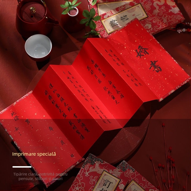 Set de papetărie pentru nuntă, în stil caligrafic chinezesc tradițional: scrisoare de logodnă, document de logodire, cerere în căsătorie, invitație de nuntă și notă cu data.