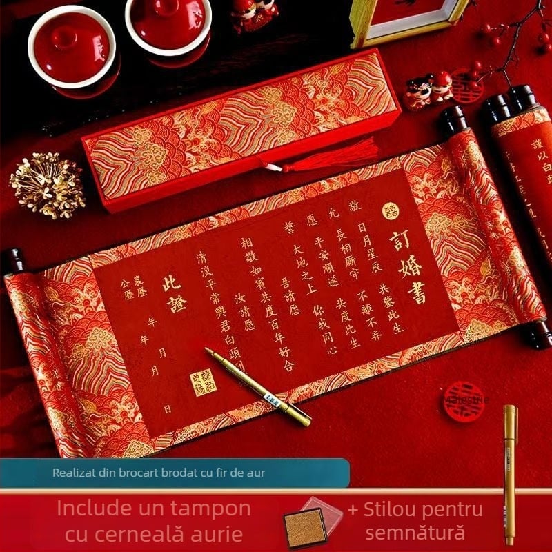 Invitație brodată pentru logodnă și nuntă, sul în stil chinezesc