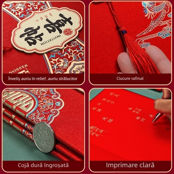 Invitații de nuntă cu husă rigidă, imprimate, în stil chinezesc, design de lux, aplicare cu folie mată aurie