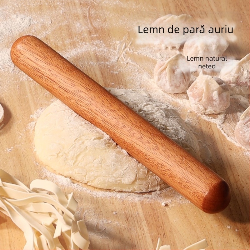 Rulou din lemn natural din lemn roz-auriu, pentru uz casnic, lemn masiv, ne-lăcuit, inodor, neted, antiaderent, pentru întins aluat de dumplings și prăjituri