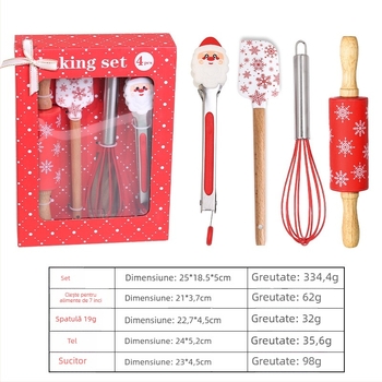 Set de patiserie de Crăciun, patru piese din silicon: spatulă, clips pentru alimente, rulou pentru aluat și tel de bucătărie, în cutie cadou