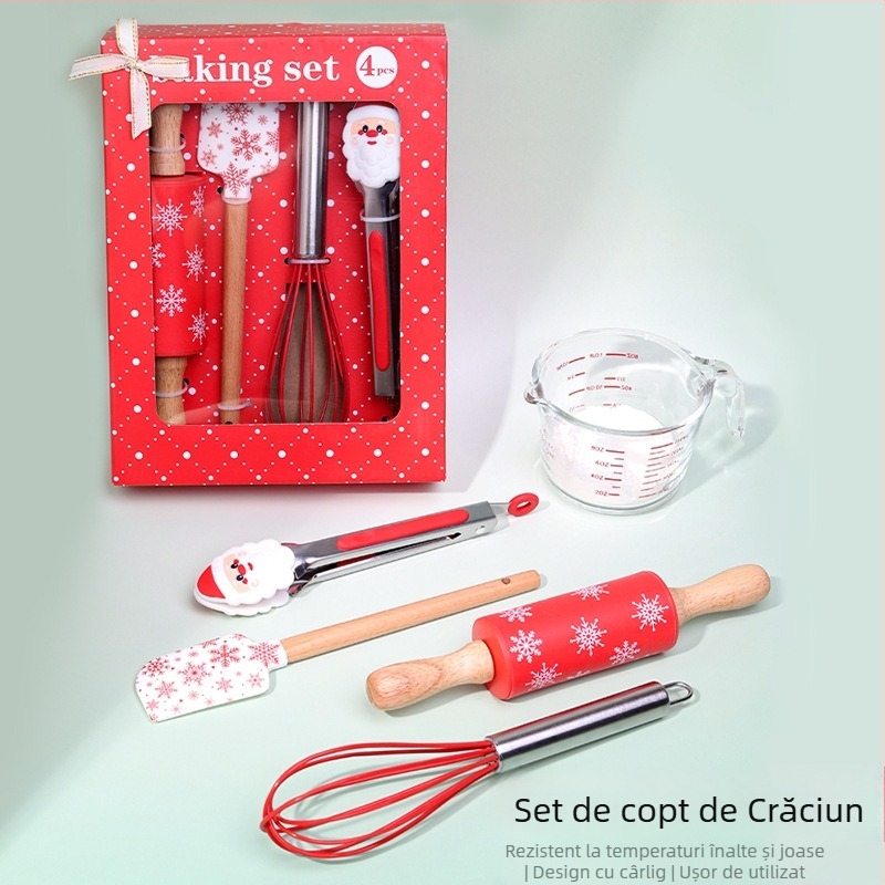 Set de patiserie de Crăciun, patru piese din silicon: spatulă, clips pentru alimente, rulou pentru aluat și tel de bucătărie, în cutie cadou