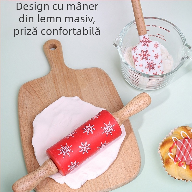 Set de patiserie de Crăciun, patru piese din silicon: spatulă, clips pentru alimente, rulou pentru aluat și tel de bucătărie, în cutie cadou