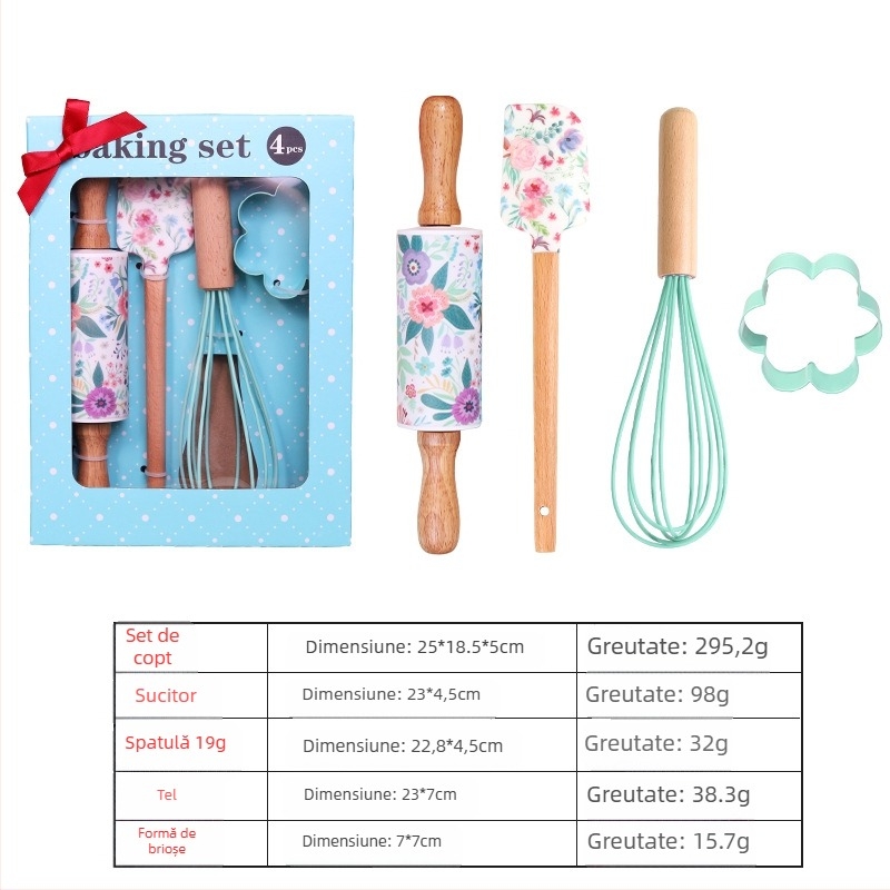 Set de patiserie de Crăciun, patru piese din silicon: spatulă, clips pentru alimente, rulou pentru aluat și tel de bucătărie, în cutie cadou