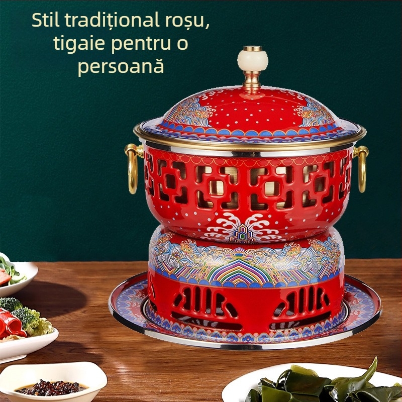 Oală de cupru cloisonné cu corp emailat, cupru pur îngroșat, arzător cu alcool pentru o persoană, design cu două compartimente, rață mandarină, 2,1–4 L