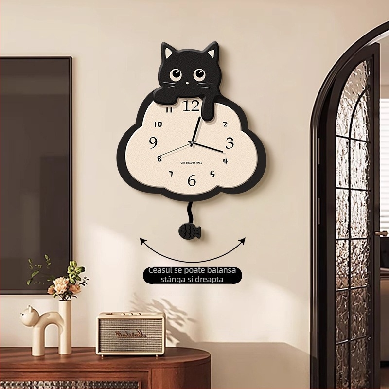 Ceas de perete în stil retro pentru living – design minimalist, motiv drăguț de pisică, model nou 2025.