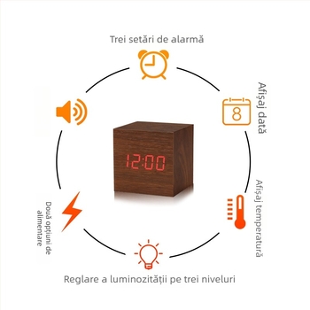 Ceas de birou LED digital cu control vocal, lumină de noapte, ceas mic din lemn pentru studenți