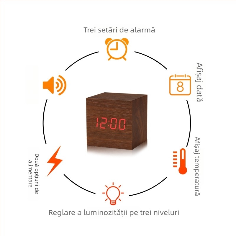 Ceas de birou LED digital cu control vocal, lumină de noapte, ceas mic din lemn pentru studenți