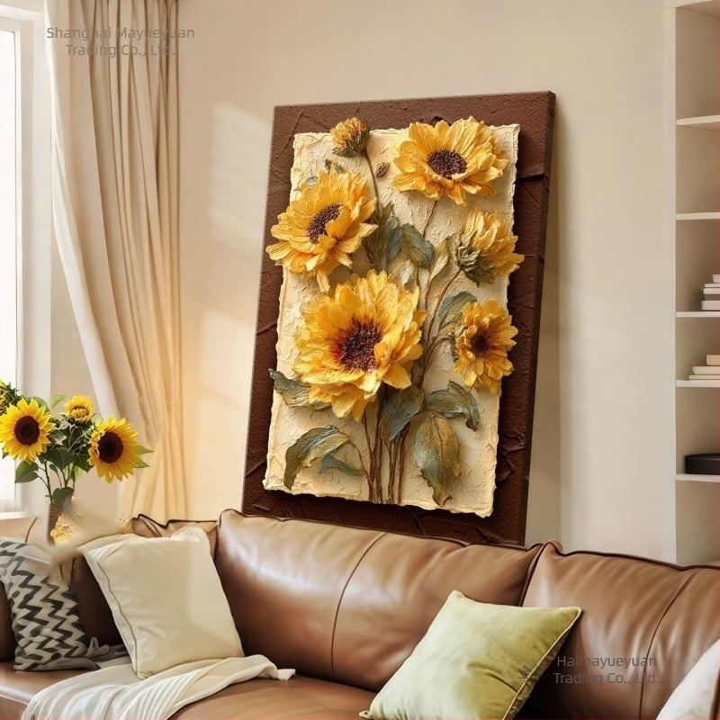 Tablou decorativ cu floarea-soarelui în stil franțuzesc pentru living, fundal crem vintage pentru canapea, tablou de perete pentru hol