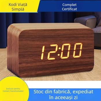 Ceas cu alarmă LED din lemn masiv, silențios, pentru birou sau noptiere, ceas mic multifuncțional din lemn