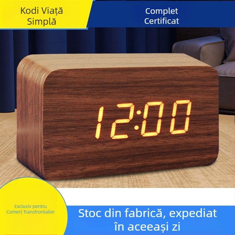 Ceas cu alarmă LED din lemn masiv, silențios, pentru birou sau noptiere, ceas mic multifuncțional din lemn