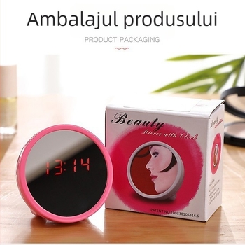 Ceas LED cu oglindă pentru noptieră, calendar și alarmă, oglindă de machiaj, imprimare a logo-ului