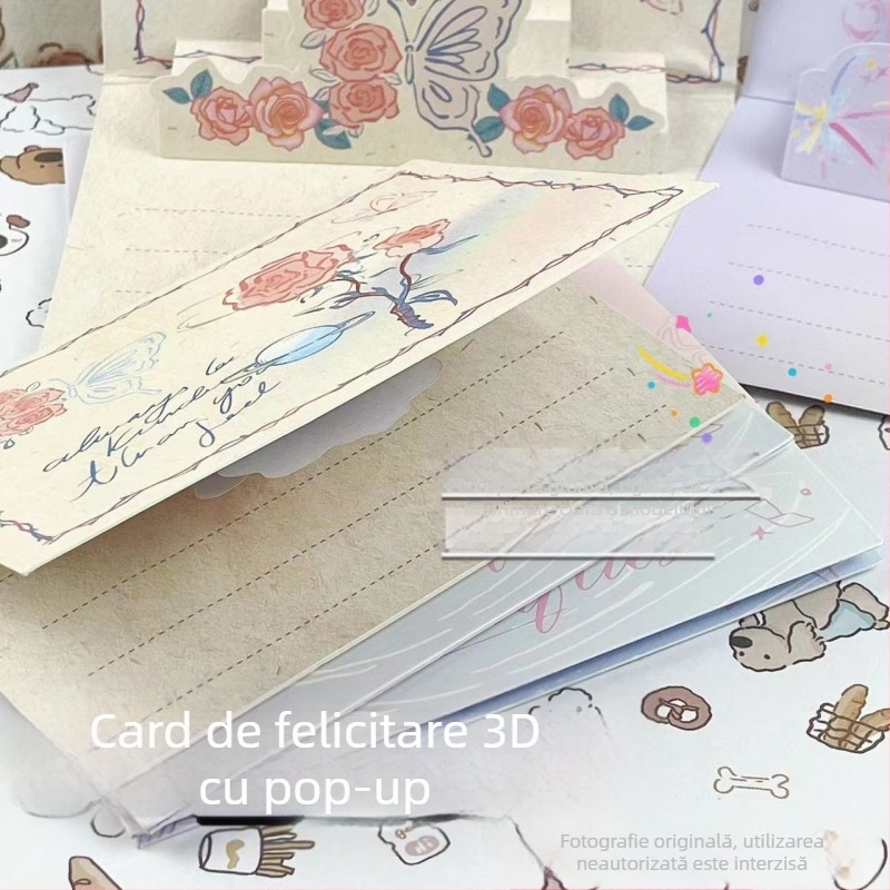 Card de felicitare 3D cu trandafir și fluture – card pliabil, formă neobișnuită