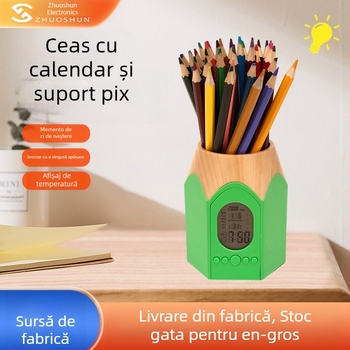 Suport multifuncțional pentru creioane, în formă de creion, cu ceas de alarmă și calendar perpetuu