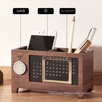 Organizator de birou din lemn masiv, multifuncțional, cu suport pentru pixuri, calendar cu ceas și cutie de depozitare pentru modele