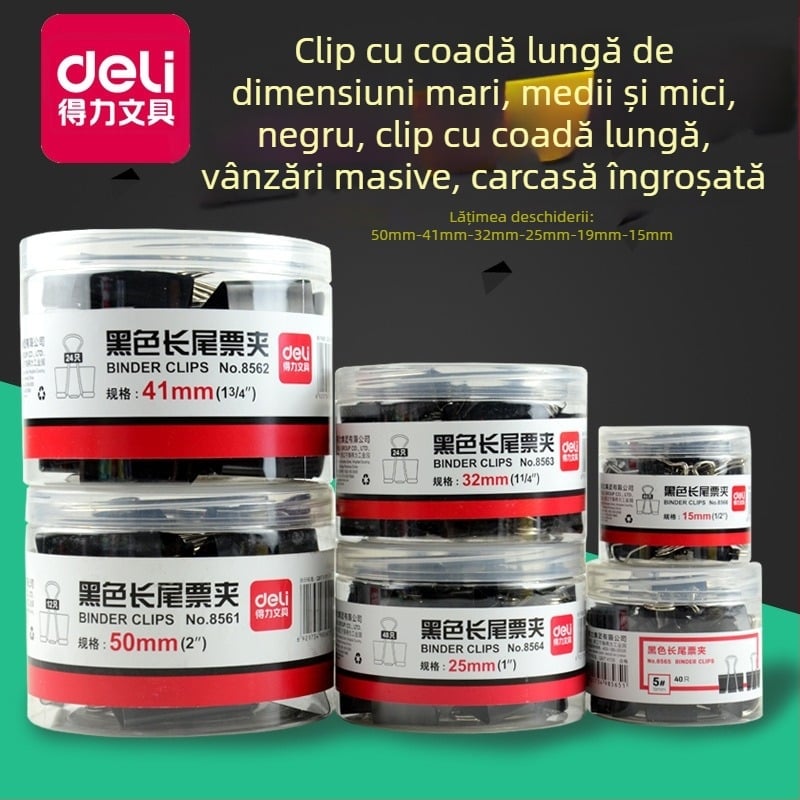 Deli Clip de colț negru — clip metalic pentru documente și bilete, mărimi 1–6 (mare, mediu, mic)