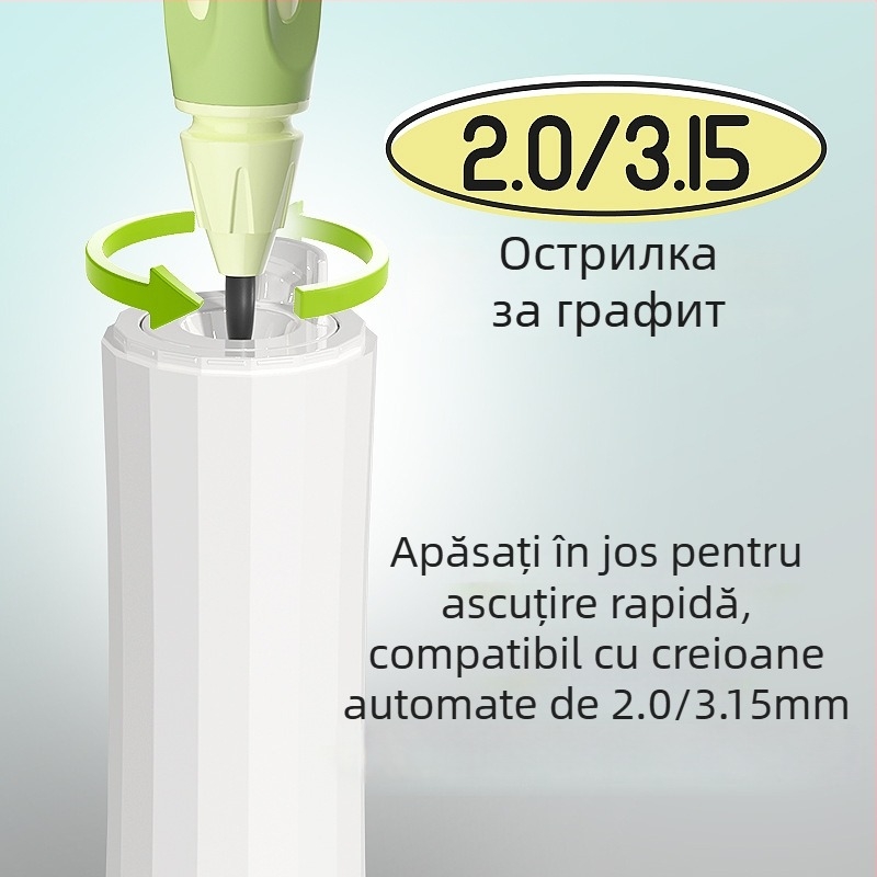 Ascuțitor semi-automat pentru creioane, diametru mare 3.0–3.15 mm, mic, portabil, păstrează mâinile curate.
