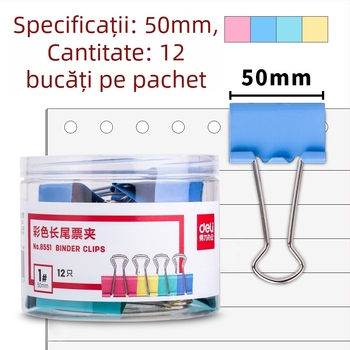 Cleme colorate pentru hârtie, 50 mm, ambalate în tub, culori mixte, 12 buc./tubă, prindere puternică