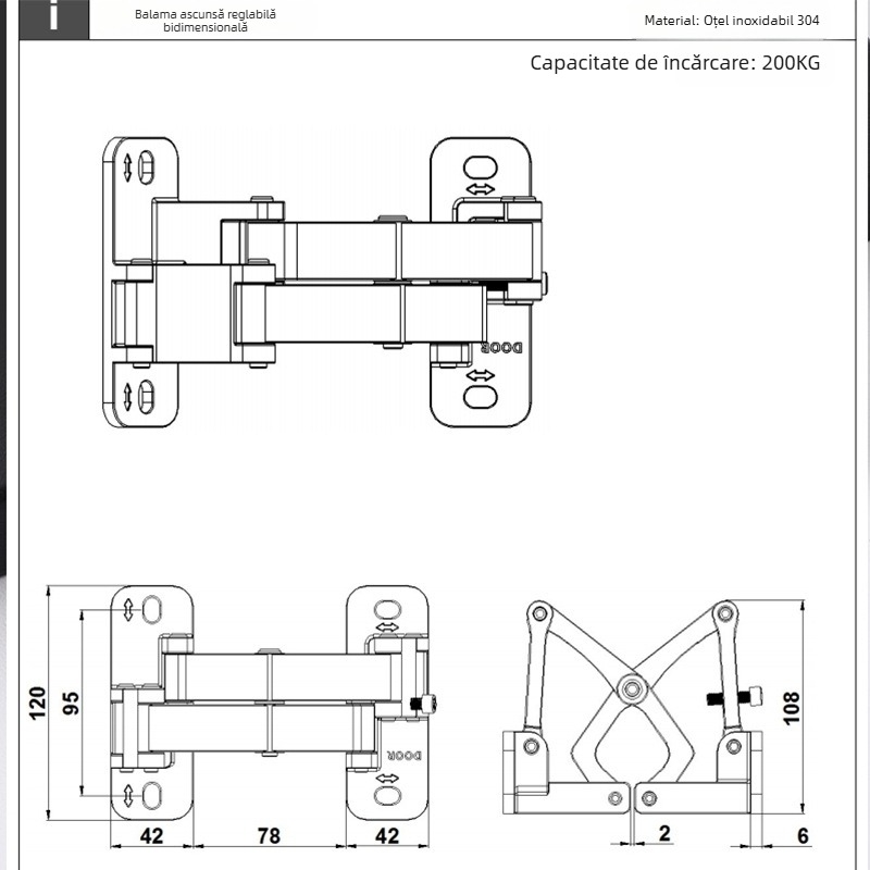 Balama din oțel inoxidabil 304 pentru uși din piatră, robustă, ascunsă, reglabilă bidimensional, design îngroșat pentru dulap hidrant ascuns