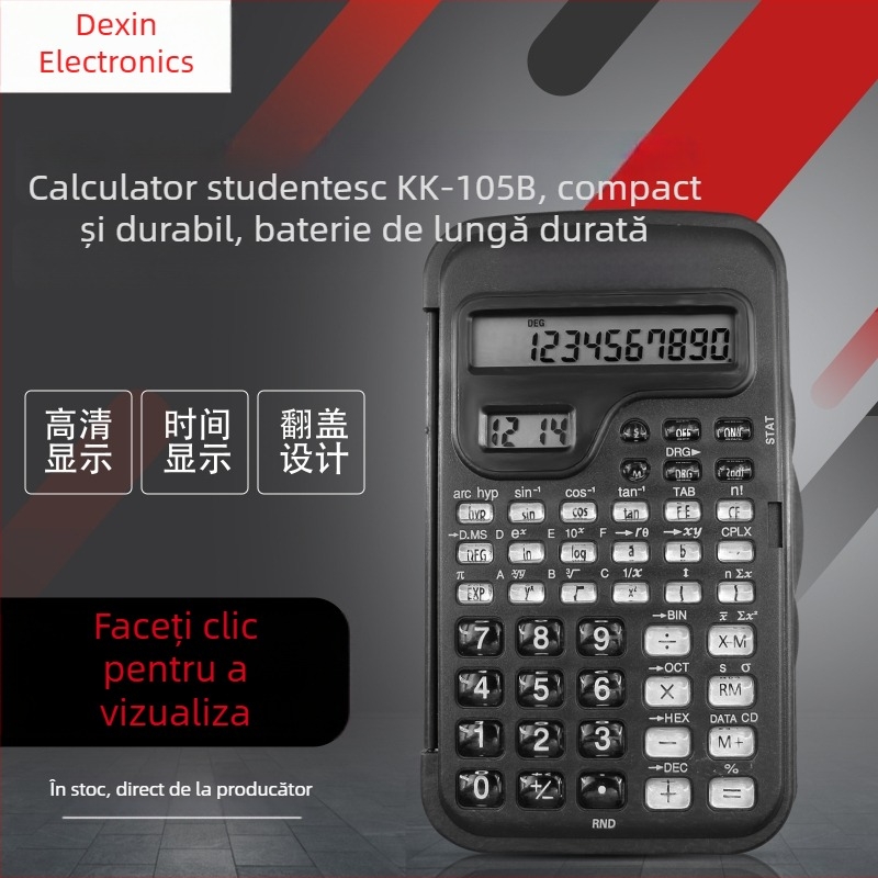 KK105B calculator științific cu ecran dublu, afișaj de timp și taste transparente - ideal pentru elevi și examene