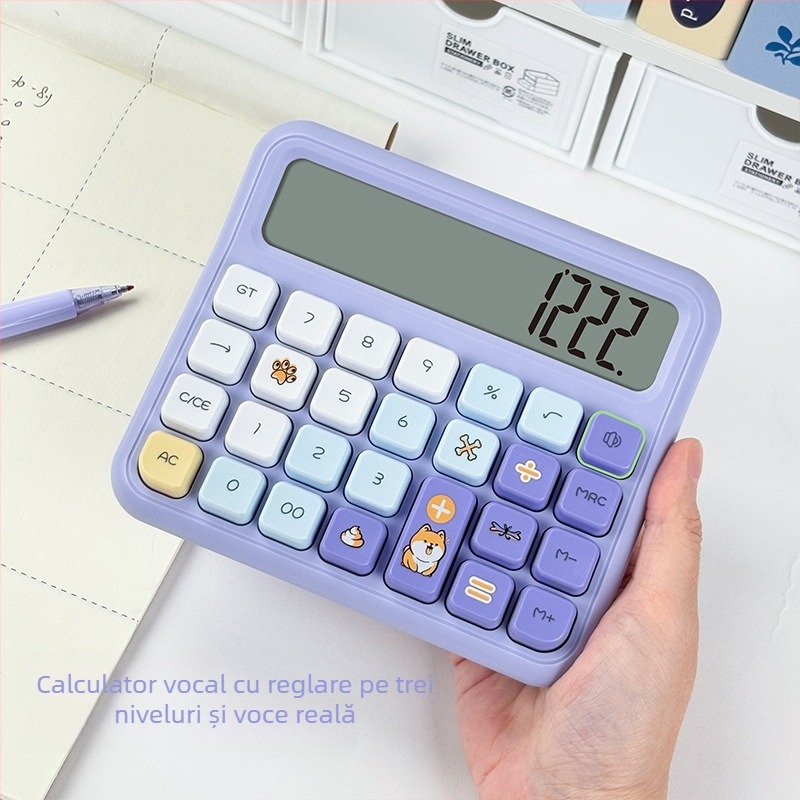 Calculator vocal cu ecran de 12 cifre, design desen animat drăguț, potrivit pentru birou și contabilitate financiară