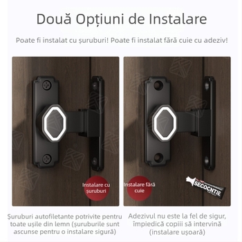 Încuietoare pentru uși și ferestre glisante, fără găuri, montaj pe suprafață la 90°, din aliaj de aluminiu