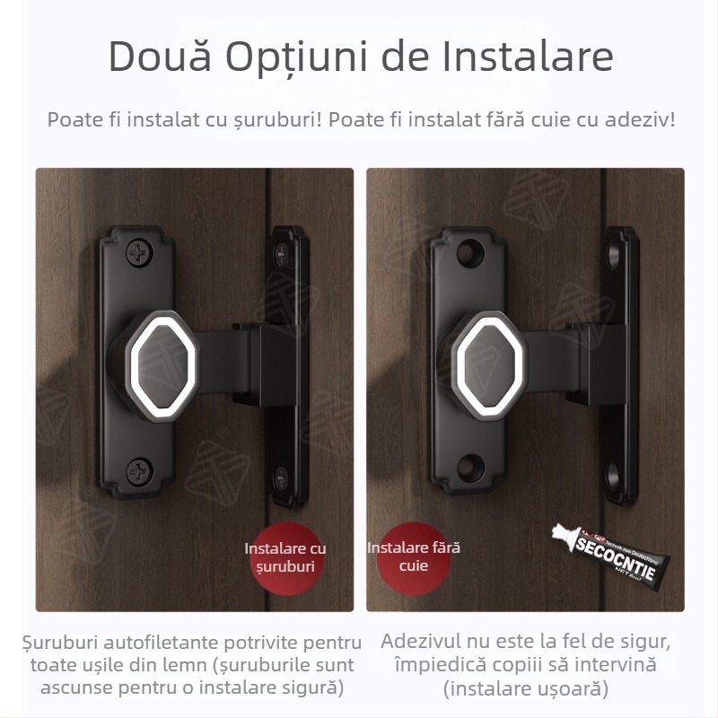Încuietoare pentru uși și ferestre glisante, fără găuri, montaj pe suprafață la 90°, din aliaj de aluminiu