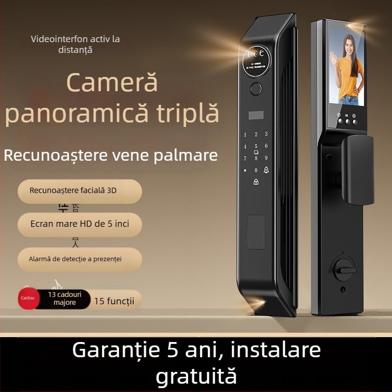 Încuietoare inteligentă cu recunoaștere facială 3D, acces prin amprentă și parolă, lacăt electronic cu cameră de supraveghere