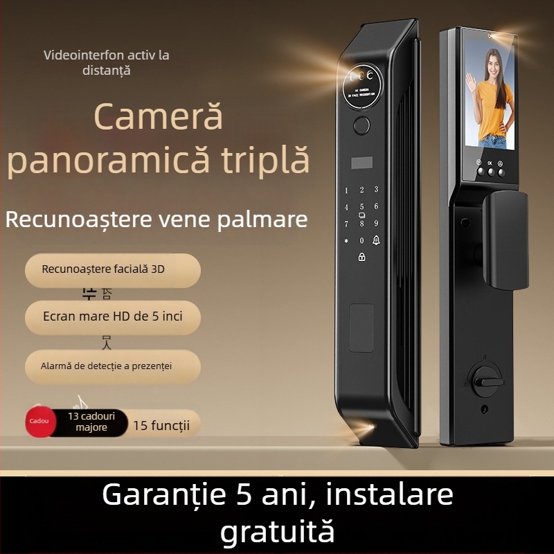 Încuietoare inteligentă cu recunoaștere facială 3D, acces prin amprentă și parolă, lacăt electronic cu cameră de supraveghere