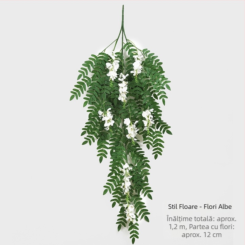 Decor de perete din ratan, plante suspendate, cu flori artificiale și verdeață