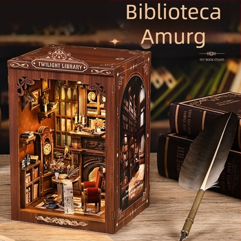 Set DIY din lemn pentru bibliotecă și suport de cărți – model cabană 3D de asamblat