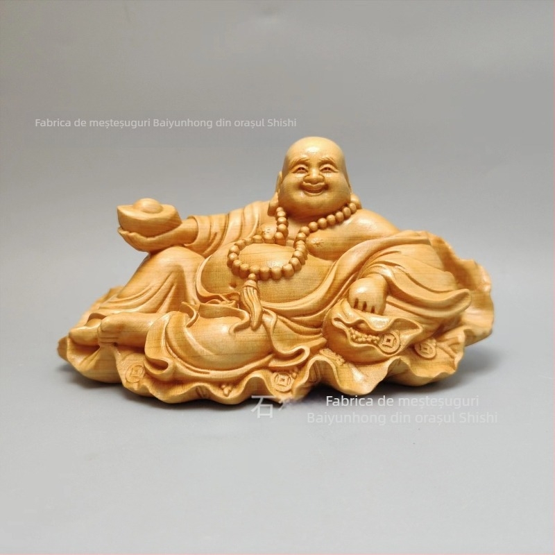 Statuie din lemn de tuia a Budhii râzătoare, decor pentru casă, cu talisman în formă de lingou de aur
