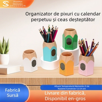 Organizator de birou cu suport pentru pixuri, calendar perpetuu și ceas cu alarmă cu iluminare de fundal