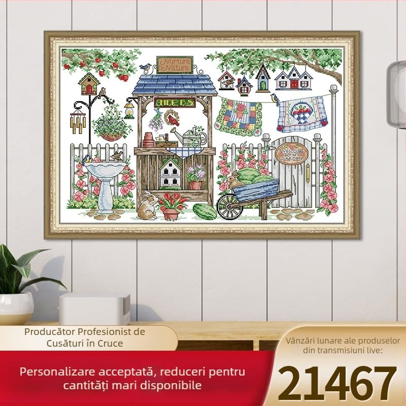 Kit de broderie cu cruci: peisaj de grădină, material din bumbac, 11CT, alb, decor pentru living