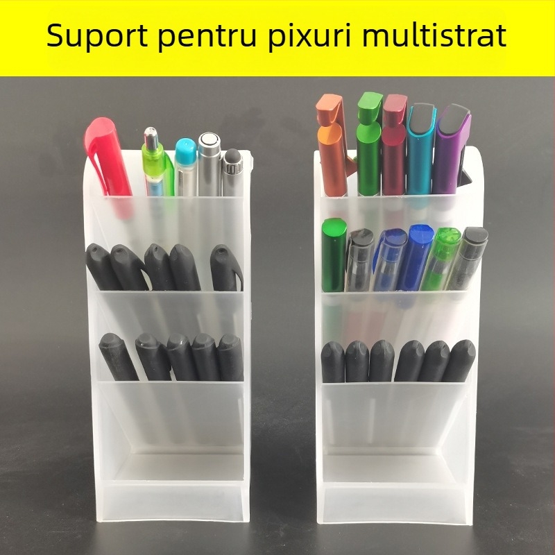 Cutie pentru pixuri cu compartimente înclinate, organizator de birou cu depozitare pe mai multe niveluri, compartimente în stil coreean, suport pentru pix în stil japonez