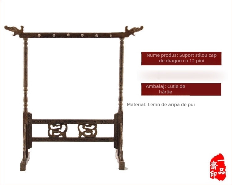 Suport din lemn pentru pix și pensule, cu design cap de dragon, set de materiale pentru caligrafie, Cele Patru Comoare ale Studiului, cutie cadou