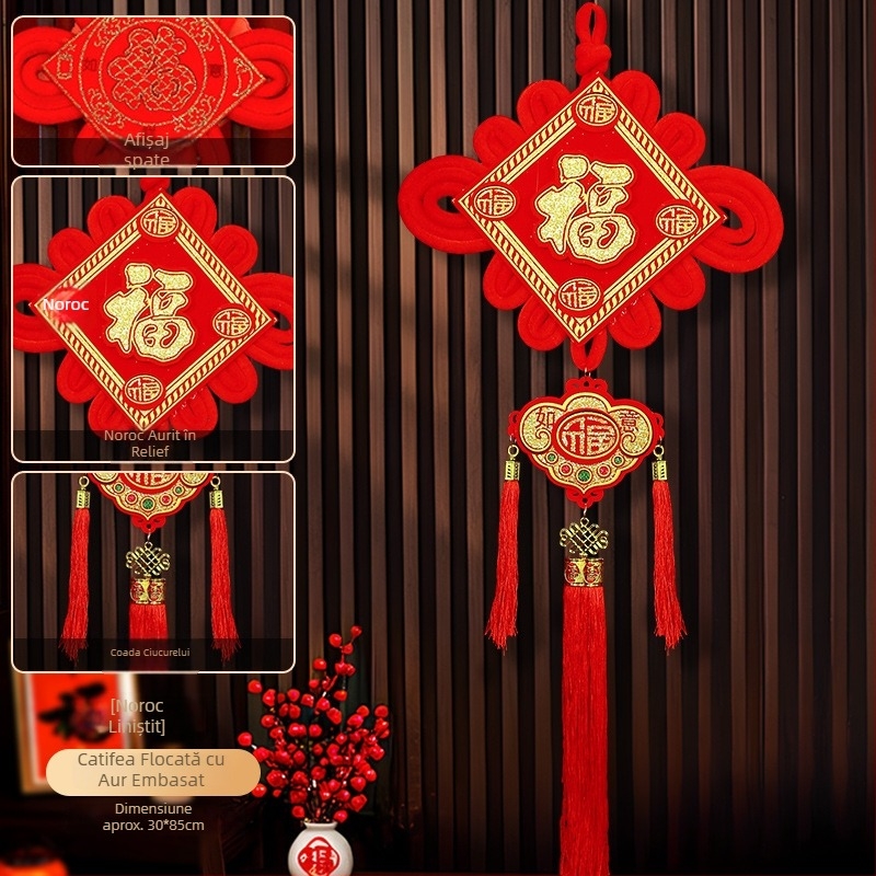 Pandantiv mare cu nod chinezesc pentru living – decor de perete premium pentru hol, cu nod încrucișat, din flanelă