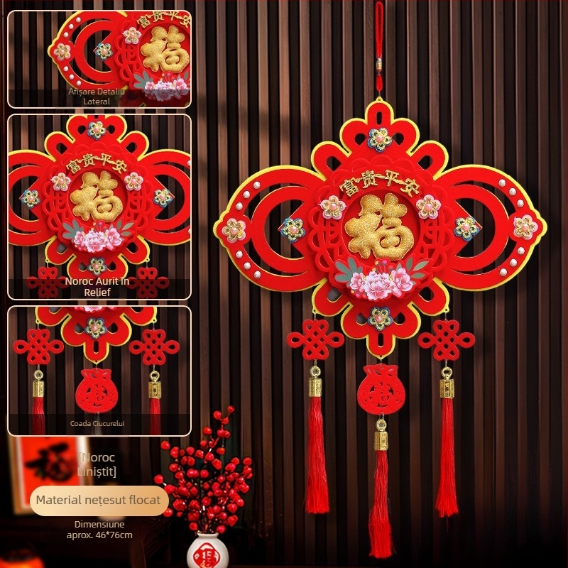 Pandantiv mare cu nod chinezesc pentru living – decor de perete premium pentru hol, cu nod încrucișat, din flanelă