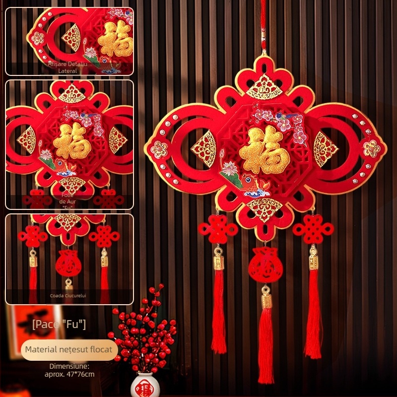 Pandantiv mare cu nod chinezesc pentru living – decor de perete premium pentru hol, cu nod încrucișat, din flanelă