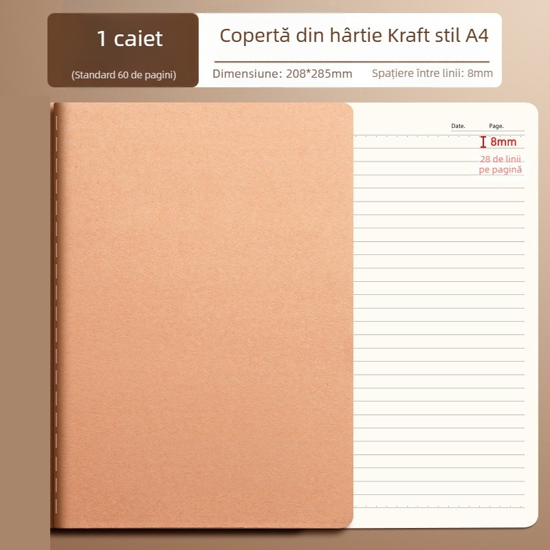 Caiet din hârtie kraft pentru elevi, jurnal de citire și notițe, copertă moale, 60 de pagini, cu linii