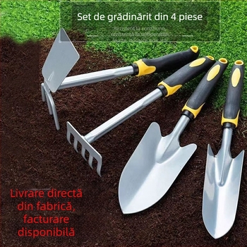 Set de unelte pentru plantarea copacilor: cultivator și lopată cu două funcții, un set de patru piese pentru săpat și plivit, lopățică mică pentru ghivece