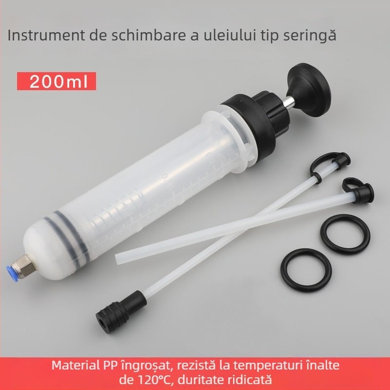 Unealtă de schimb al uleiului, tip seringă, cu dublă funcție: aspirație și injecție pentru uleiul de motor și lichidul de frână; curățător pentru depunerile de carbon ale mașinii