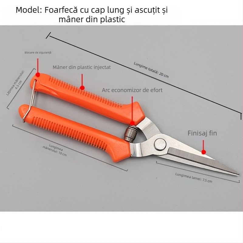 Foarfecă din oțel inoxidabil pentru struguri, vârf ascuit, tăiere în grădină, pomi fructiferi, bonsai și cules ardei