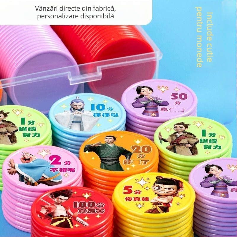 Cardă de puncte Nezha pentru copii și jetoane de recompensă pentru elevi – monede plastice de încurajare și discuri de răscumpărare