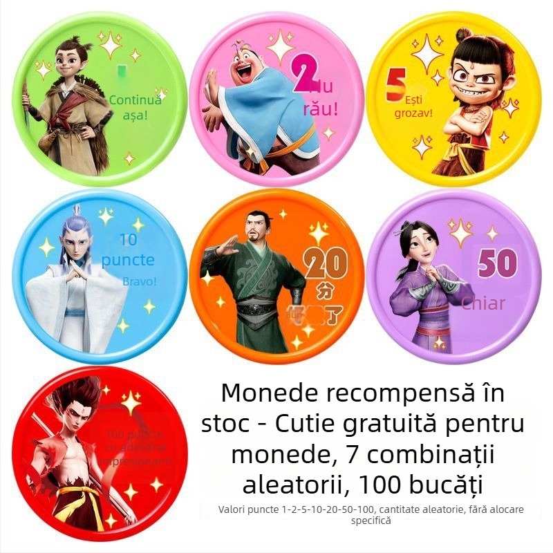 Cardă de puncte Nezha pentru copii și jetoane de recompensă pentru elevi – monede plastice de încurajare și discuri de răscumpărare