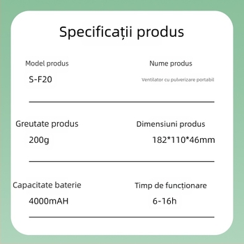 Ventilator de mână cu pulverizare, baterie încorporată 4000–6000 mAh, încărcare USB, portabil, 5 palete