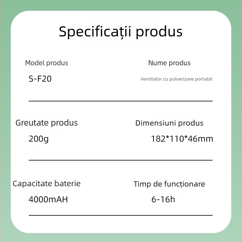 Ventilator de mână cu pulverizare, baterie încorporată 4000–6000 mAh, încărcare USB, portabil, 5 palete