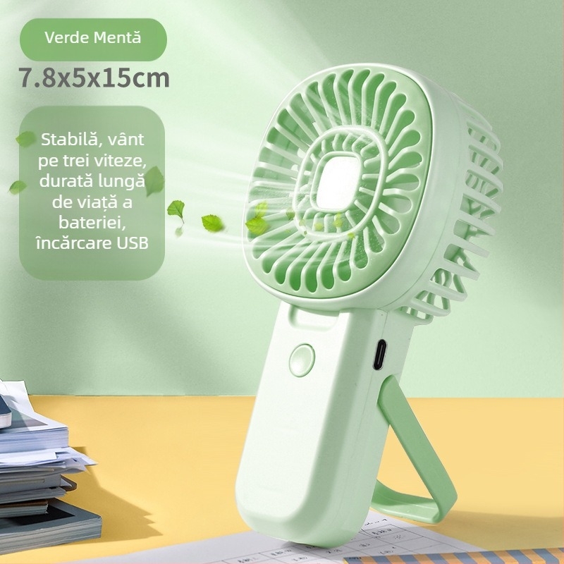 Ventilator USB compact, portabil, cu mâner și suport – ventilator mic