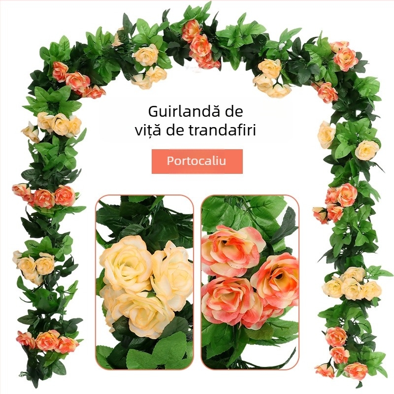 Ghirlandă din viță de trandafir cu flori artificiale, pentru a agăța pe perete și a acoperi conductele de apă ale aerului condiționat, plantă decorativă pentru tavanul sufrageriei