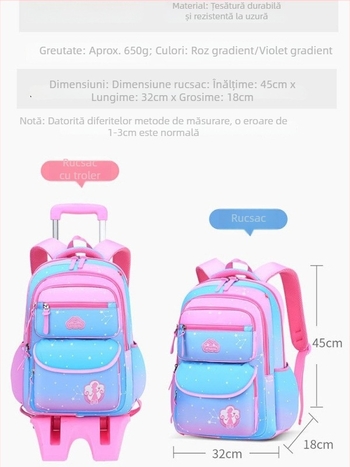 Rucsac școlar rulant pentru fete, cu mâner telescopic, pentru elevi din clasele 3-6, capacitate mare